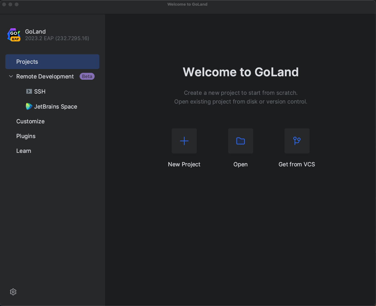 GoLand welcome screen