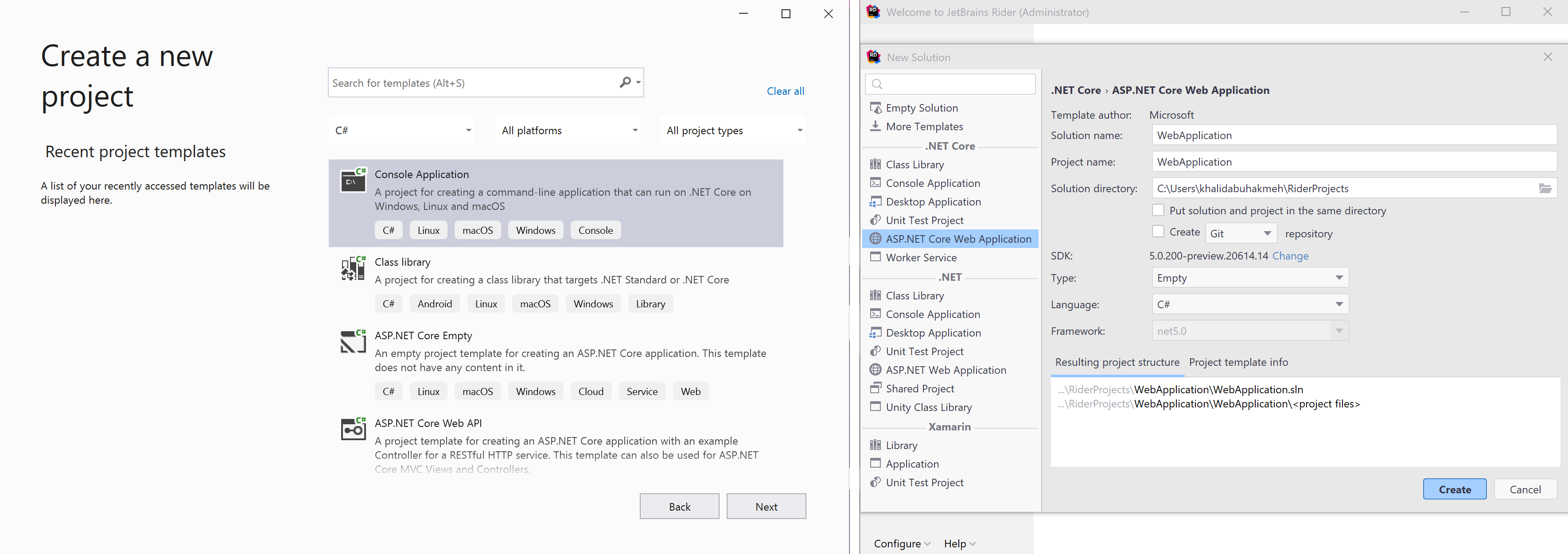 Visual Studio and JetBrains Rider new solution screens
