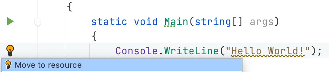 Move to resource analyzer sees a string that can be moved to a resource and provides a quick fix