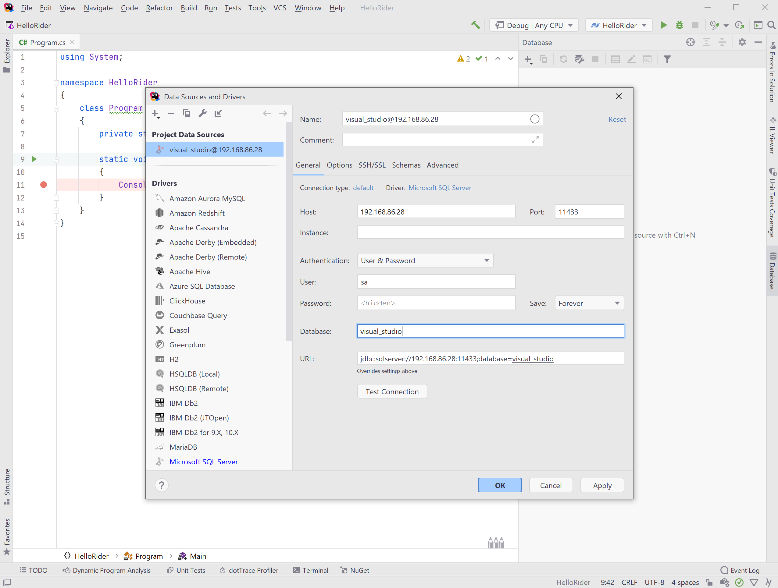 JetBrains Rider database connection dialog