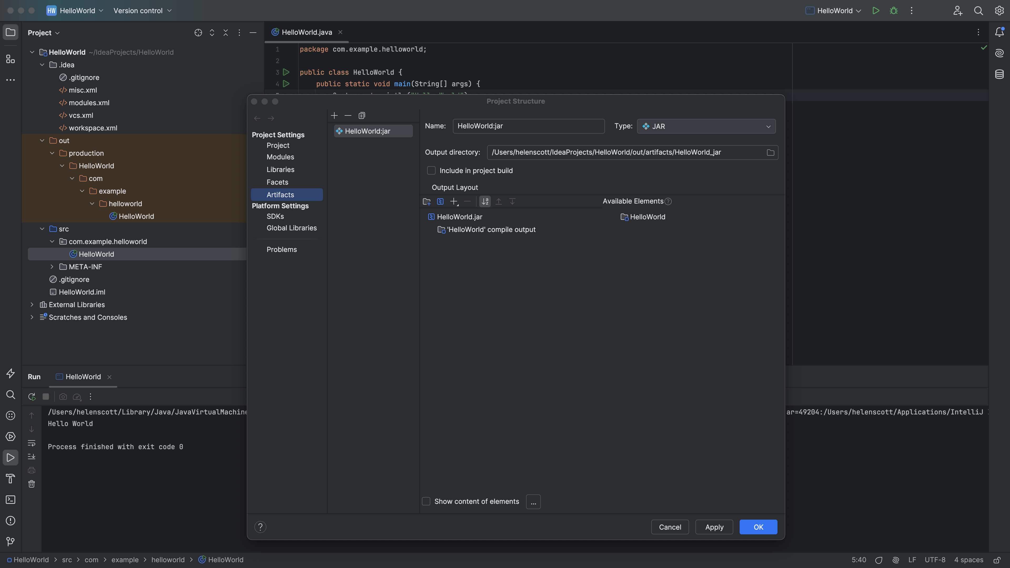 Hello World JAR in the Project Structure dialog