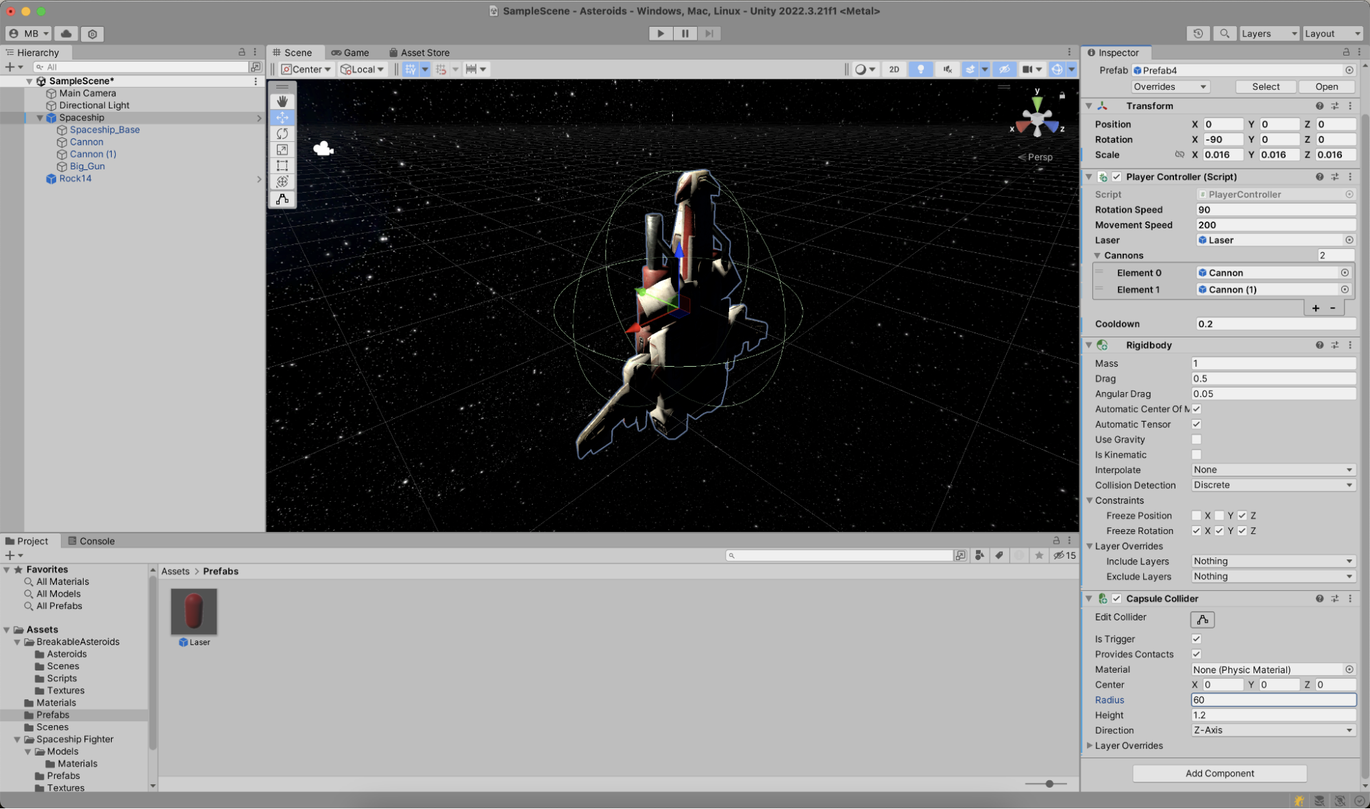 Add collider to spaceship GameObject