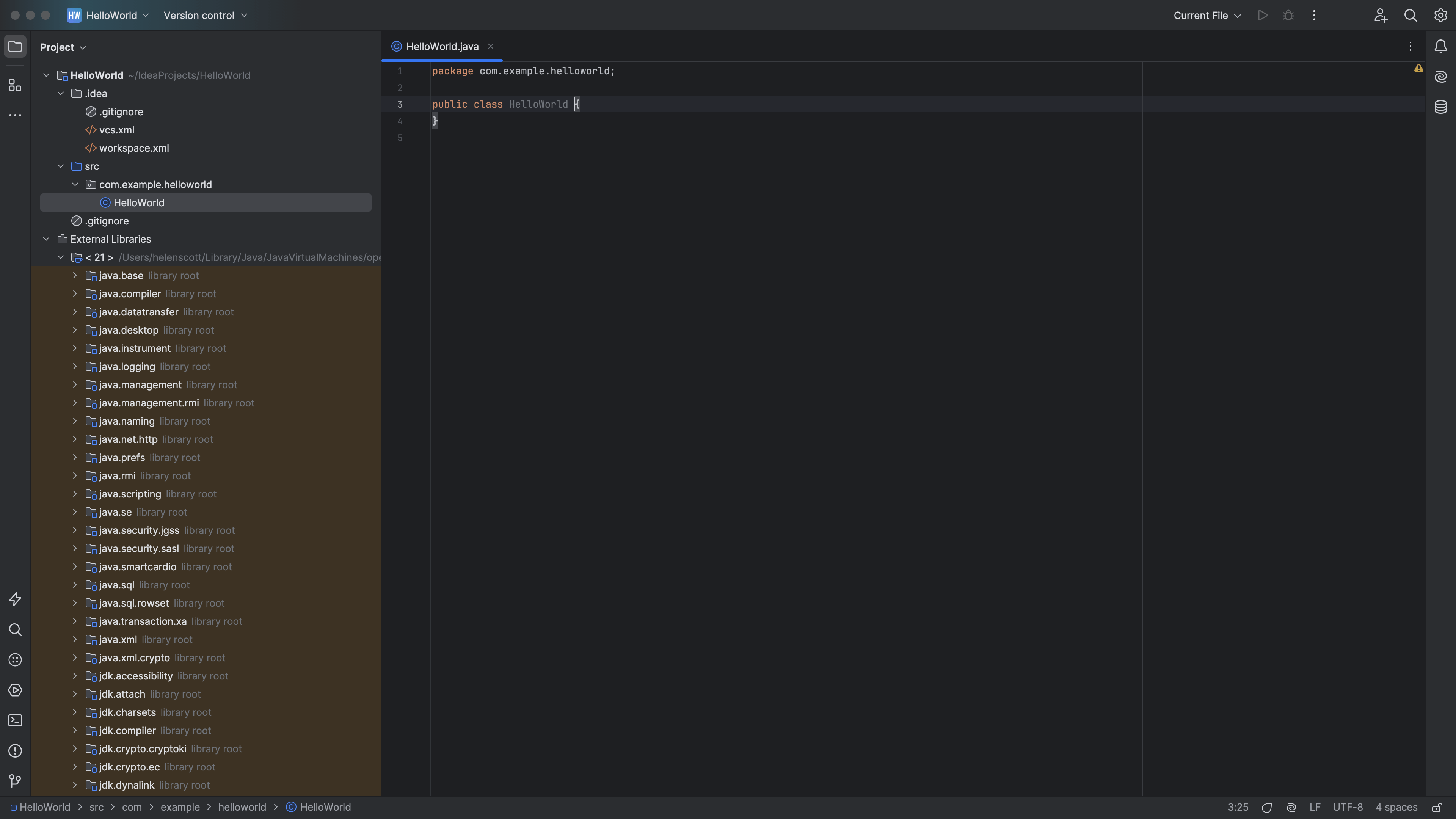 New project and class created in IntelliJ IDEA