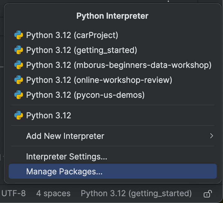 View Python packages on the Status Bar