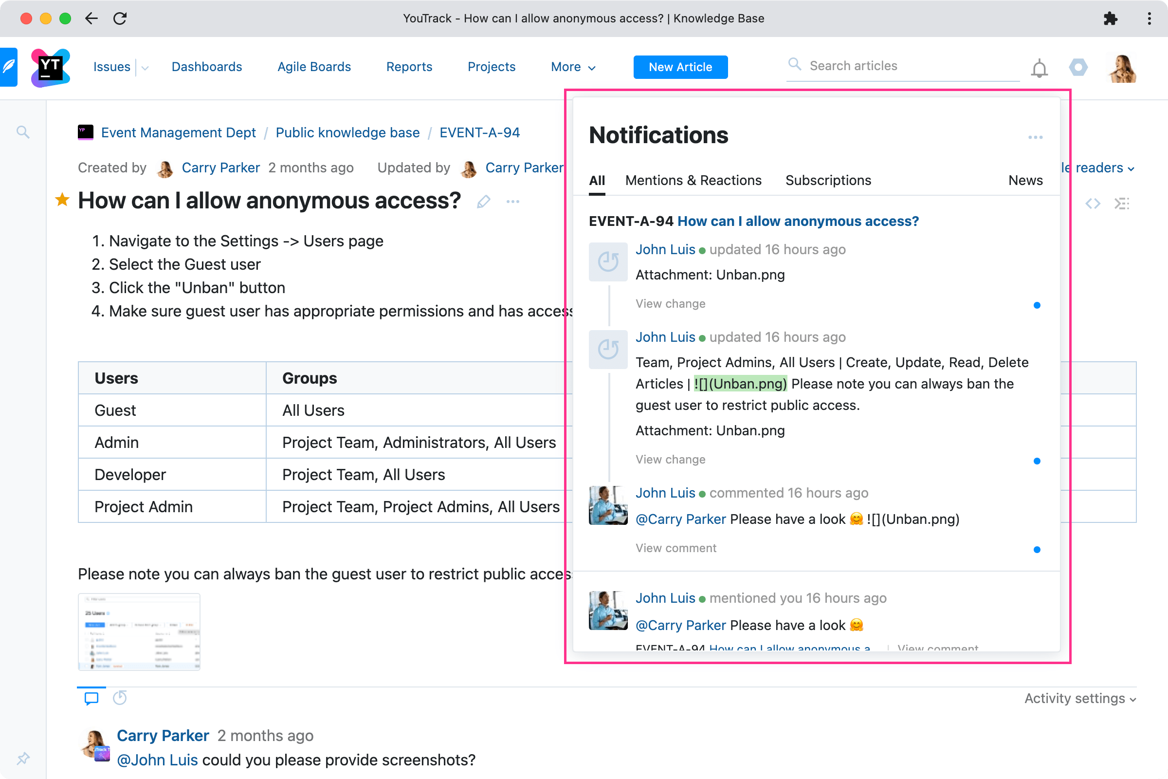 Notification Center shows Knowledge Base updates